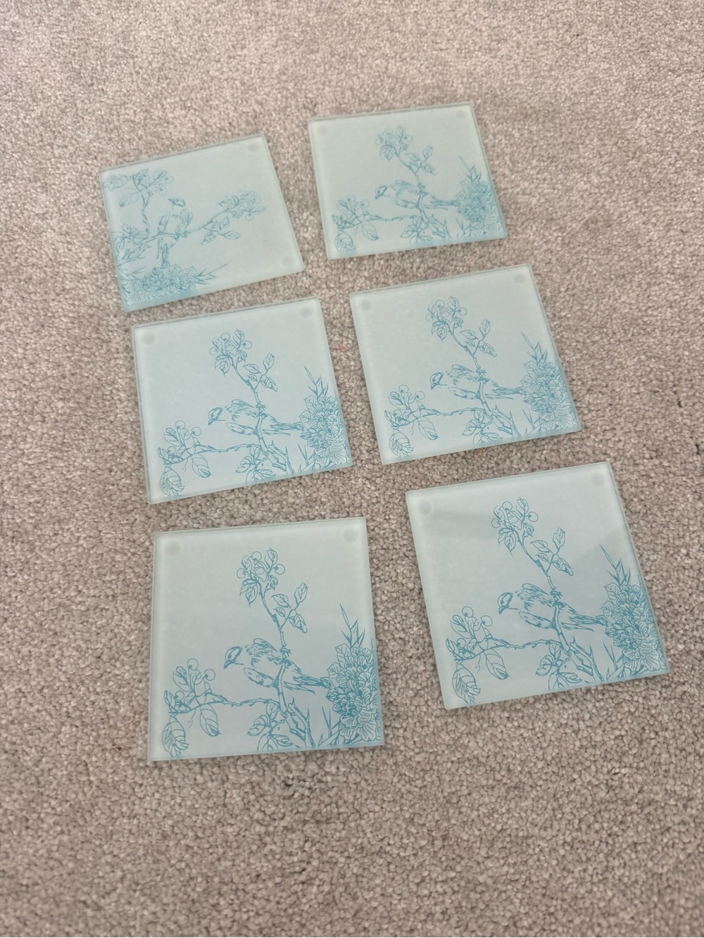 Set of 6 Floral Glass Coasters in Pale Aqua